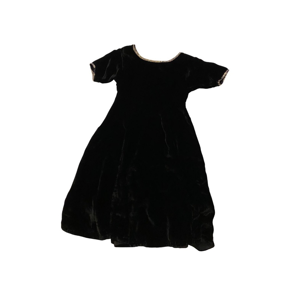 Vintage Medival Shiny Gold Little Black Dress Velvet Women Medium Short Sleeve - Picture 11 of 12